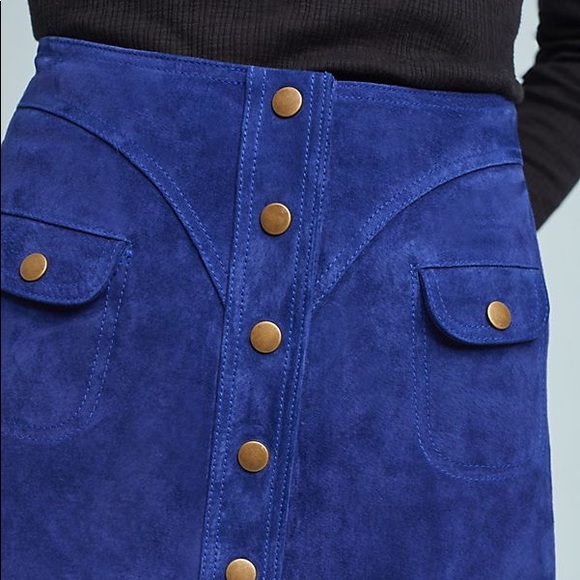 Anthropologie Blue Leather Button-Front Mini Skirt - Picture 4 of 7